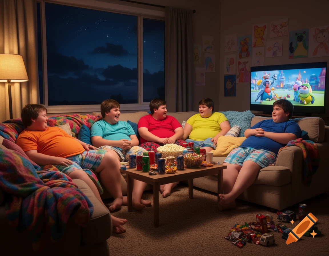 Four boys watch a movie and eat snacks in a living room at night. They are sitting on couches, laughing and enjoying themselves.