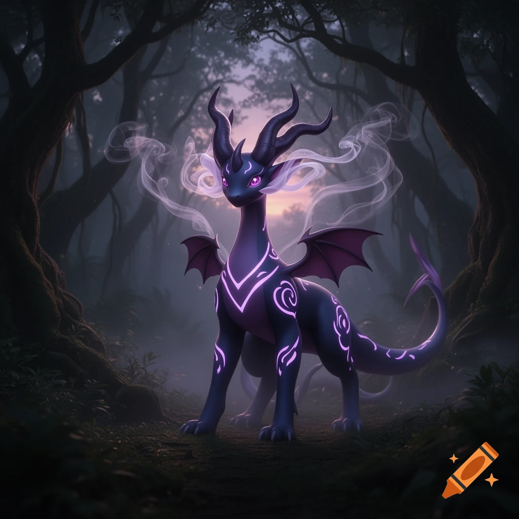 A dark purple, horned dragon-like creature with glowing patterns and small wings stands in a misty, shadowy forest.