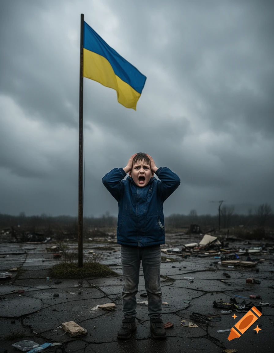 A distraught Ukrainian child holds his head, screaming under a Ukrainian flag in a war-torn, desolate landscape under a cloudy sky.