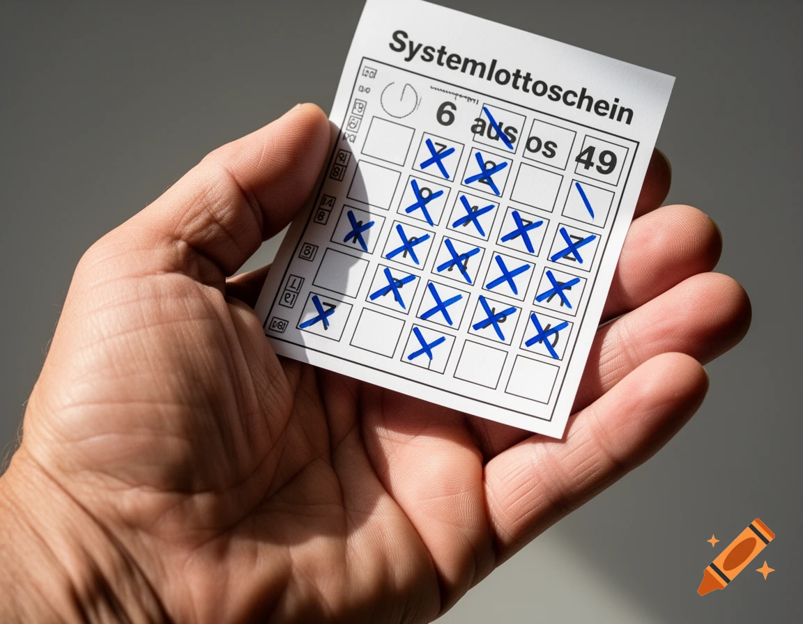 Close-up of a hand holding a white lottery ticket with several blue X marks in the squares, against a gray background.