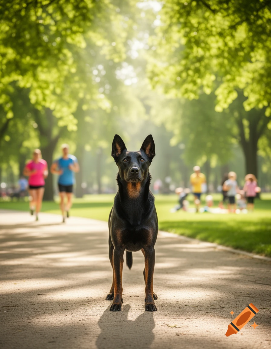 A black and tan dog stands on a sunny park path with blurred people jogging and playing in the green background.