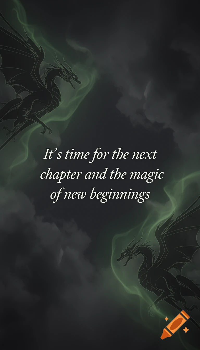 Two black stylized dragons amidst green mist and dark clouds, with inspirational text 'It's time for the next chapter and the magic of new beginnings'.