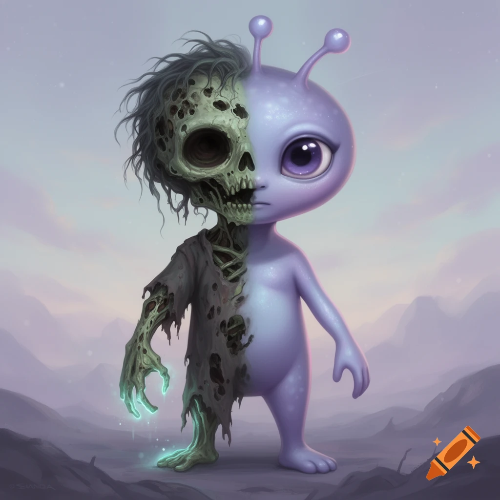 A creature that is half cute purple alien and half decaying zombie, standing in a desolate landscape.