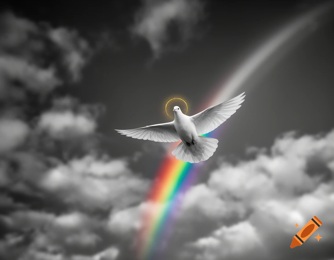 A white dove with a golden halo flies through a black and white cloudy sky, with a colorful rainbow arcing upwards from the left.