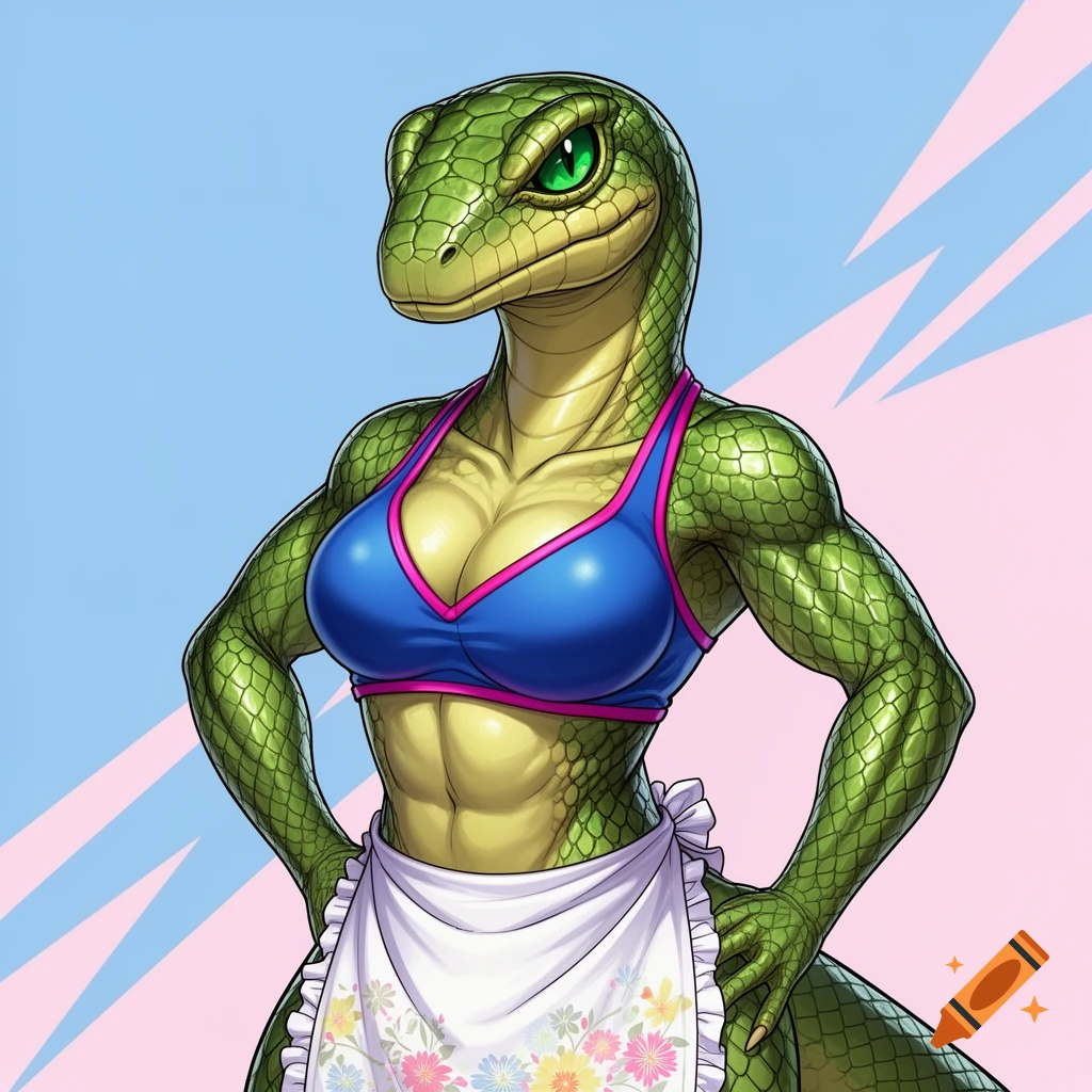 A muscular green anthropomorphic lizard woman with an intense gaze, wearing a blue sports bra and a floral apron.