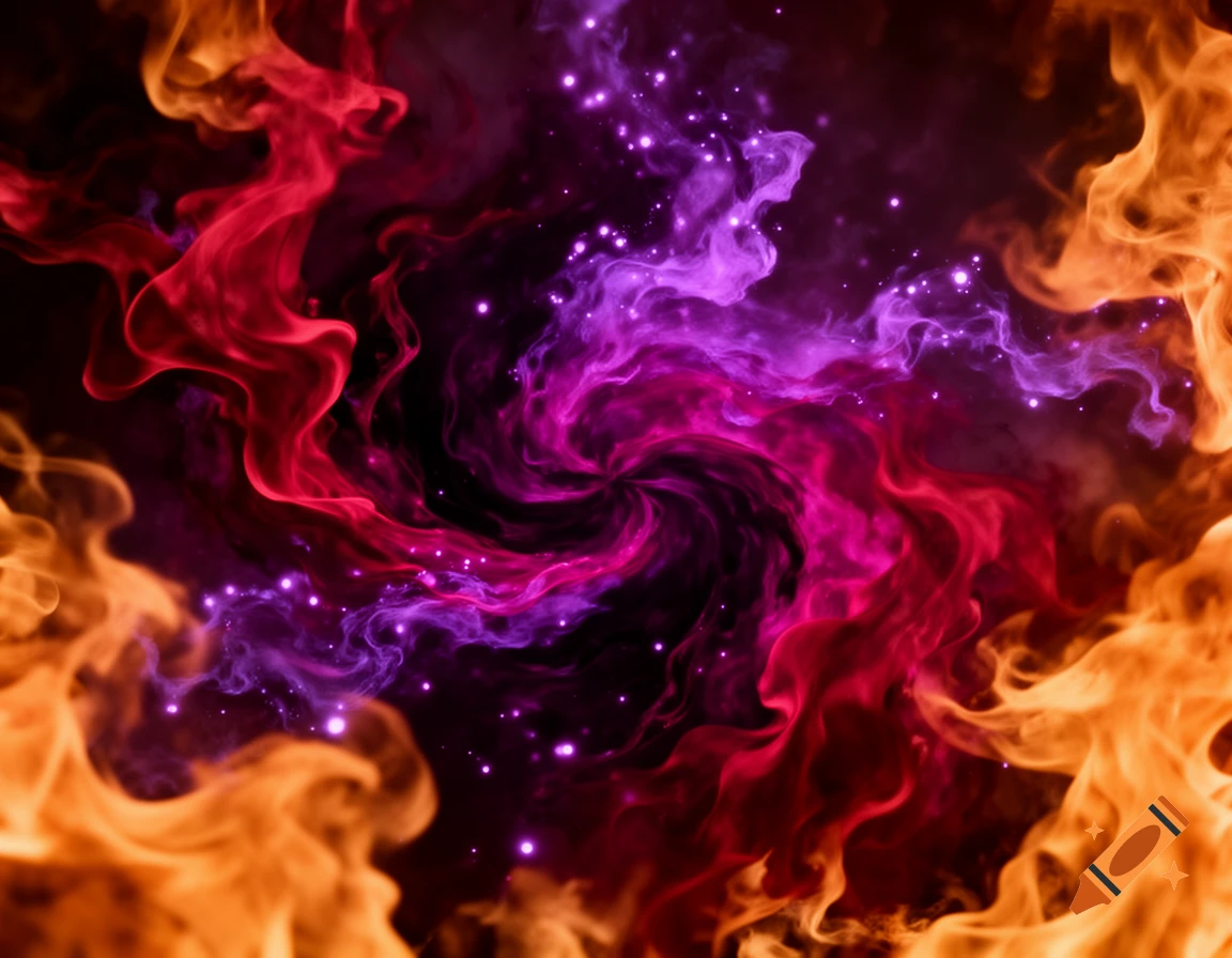 An abstract swirl of dark magenta, deep crimson, and light purple smoke with sparkling flecks, framed by orange flames.