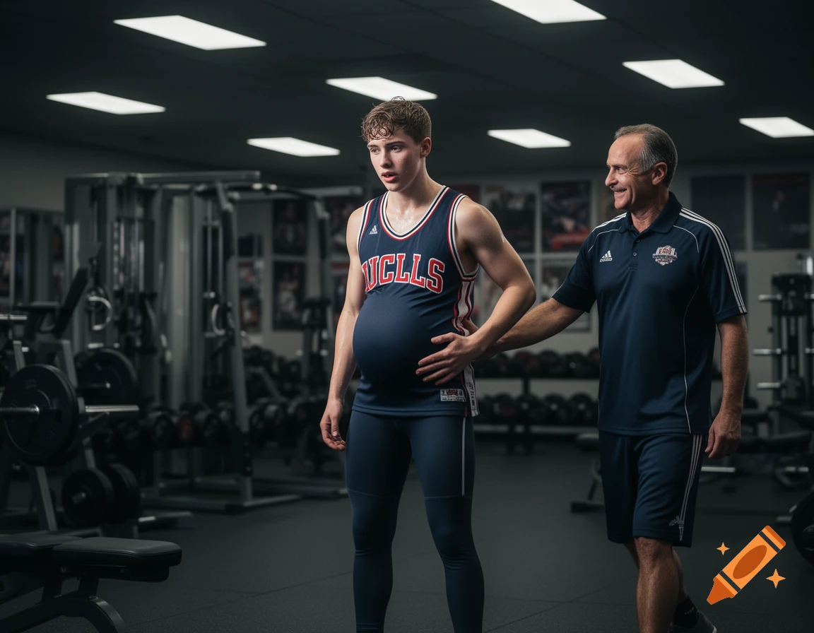 A male high school athlete with a pregnant belly in a basketball jersey and athletic tights stands in a weight room as his coach pats his belly.