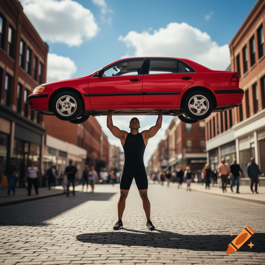 A strong man in a black tank top and shorts lifts a red car above his head in the middle of a city street on a sunny day.