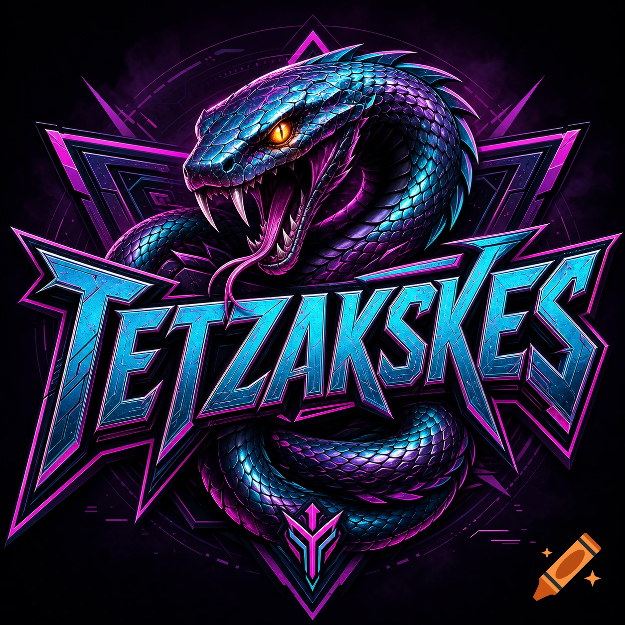 Vibrant E-Sports logo with a stylized blue and purple snake coiled around neon blue text 'TETZAKSKES' on a dark background.