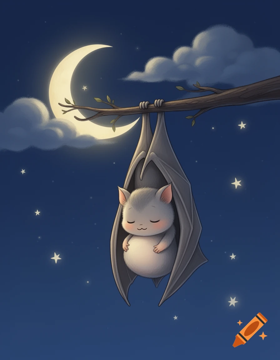 A charming illustration of a cute, fluffy bat sleeping upside down on a branch under a crescent moon and stars.