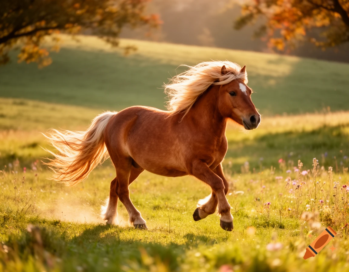 A photorealistic brown pony with a flowing blonde mane and tail runs through a sunlit, grassy field.