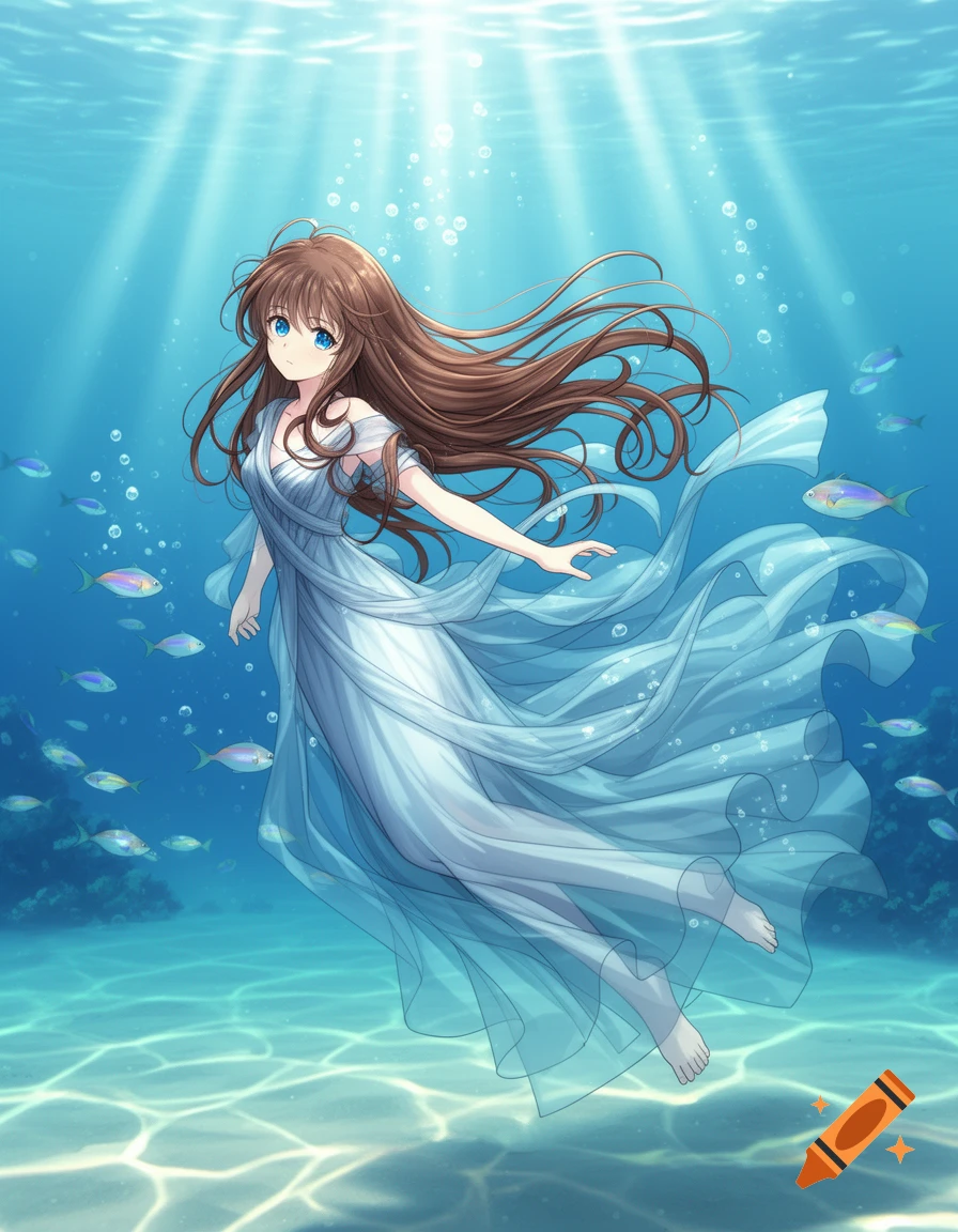 An anime girl with long brown hair and blue eyes floats gracefully underwater in a flowing white dress, surrounded by fish and sunlight.