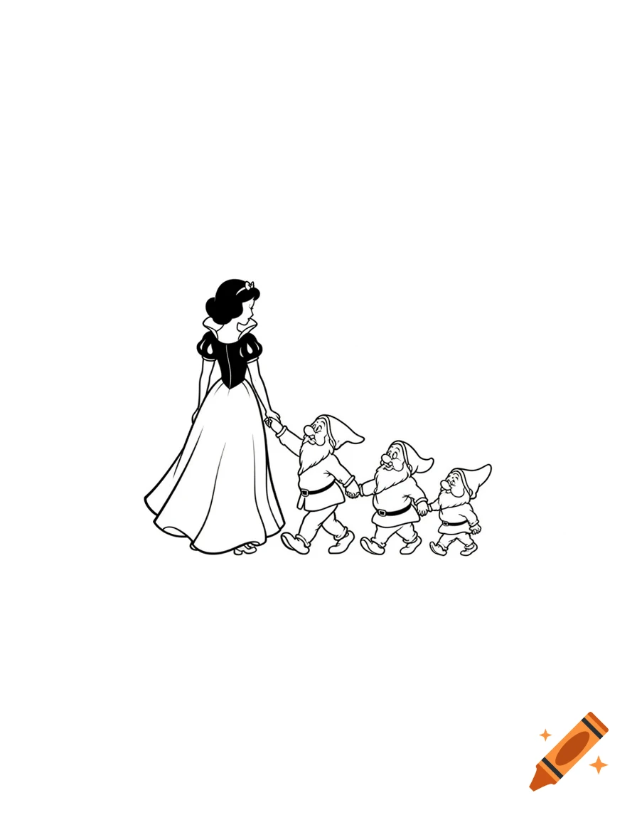 Minimalist black and white line art of Snow White holding hands with three dwarfs, walking in a single line.