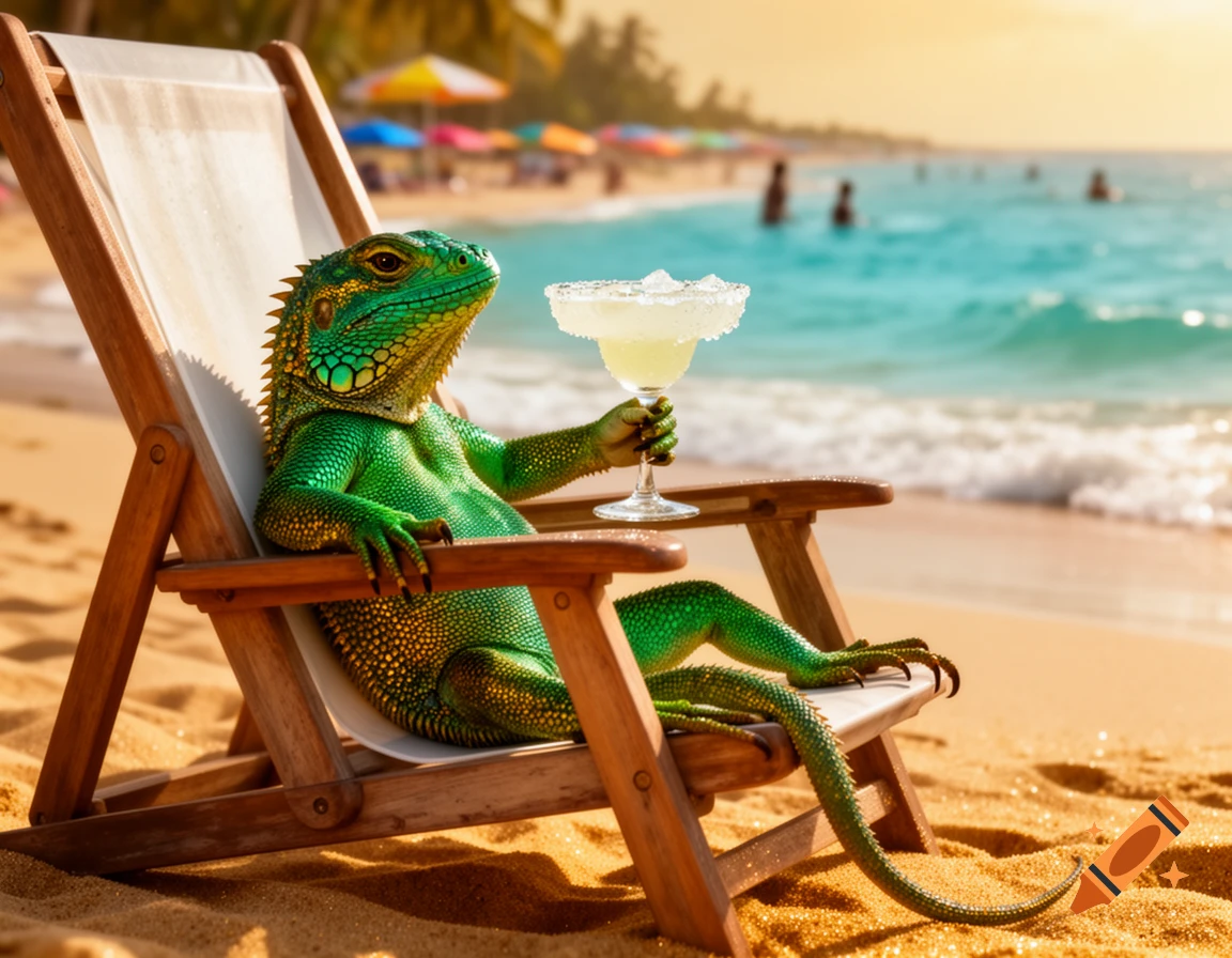A vibrant green lizard in a beach chair on a sunny beach, holding a margarita glass with a salted rim.