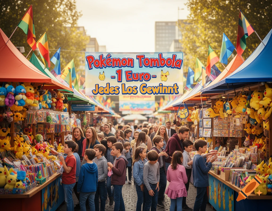 A bustling market scene with many children and adults browsing stalls filled with Pokemon plushies. A banner reads "Pokemon Tombola - 1 Euro - Jedes Los Gewinnt".