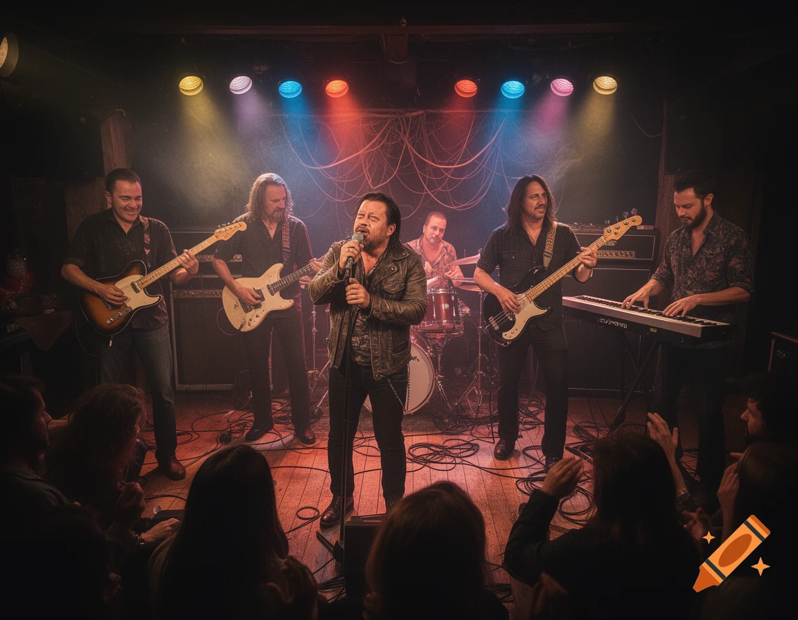 Photorealistic image of a six-person rock band performing on a dark stage with colorful spotlights in front of a live audience.