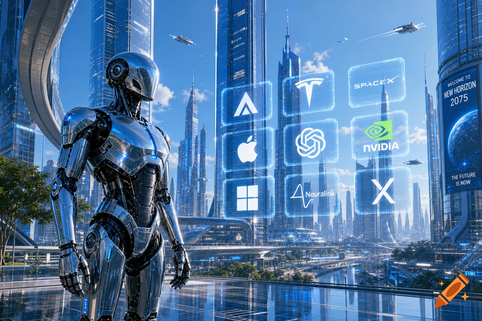 A photorealistic chrome robot stands in a futuristic city with skyscrapers, flying cars, and holographic tech logos.