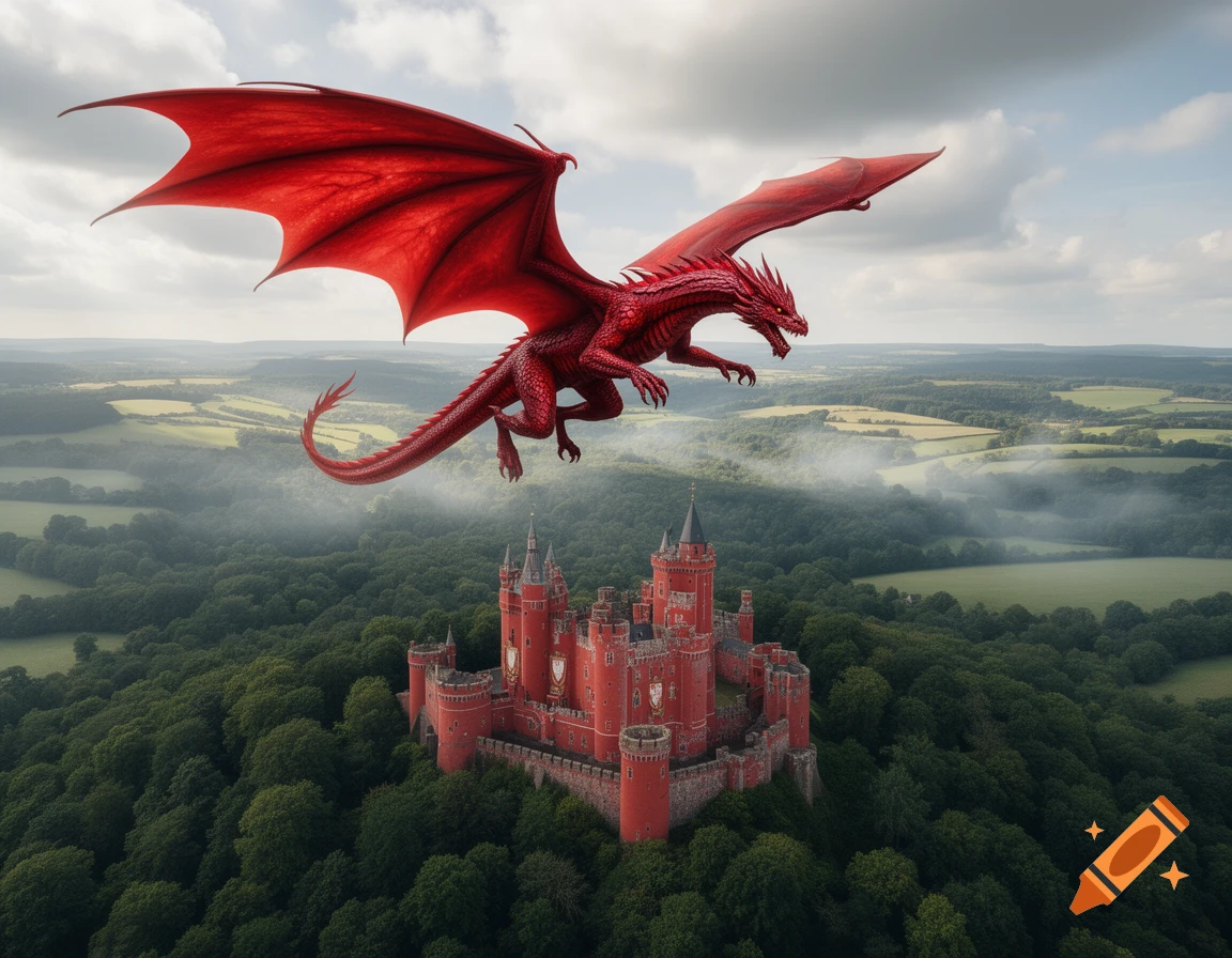 A vibrant red dragon with large wings flies over a matching red castle nestled in a vast green forest under a cloudy sky.