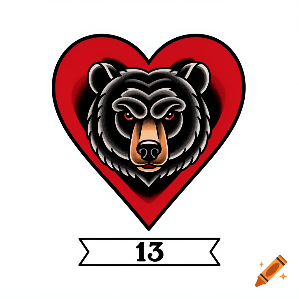 American traditional tattoo design of a black bear face in a red heart with the number 13 on a banner.