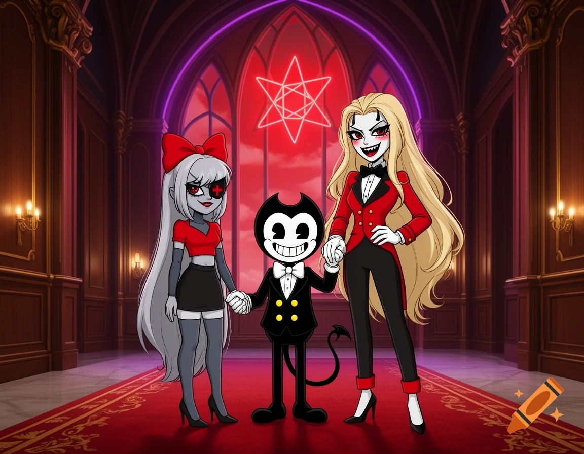 A grey demon woman, an ink demon in a tuxedo, and a blonde demon woman in a red tuxedo pose in a gothic hotel lobby with a neon pentagram in the window.
