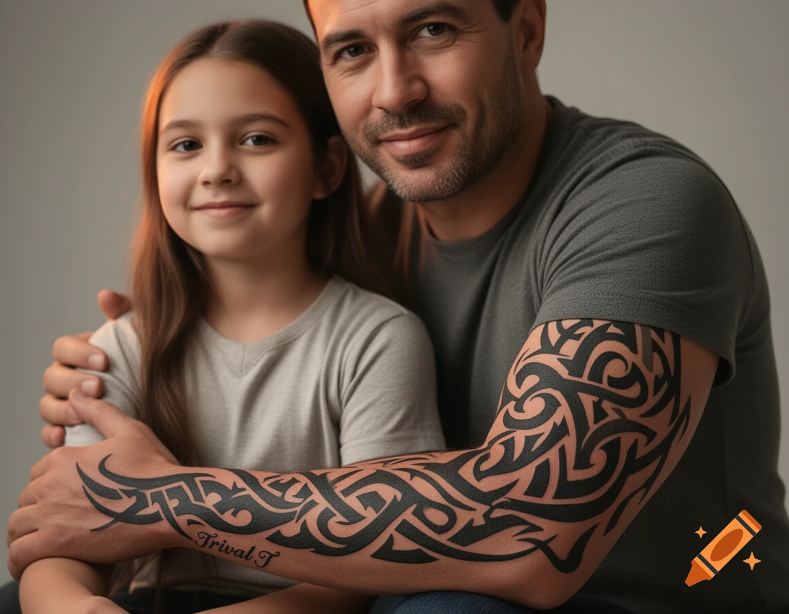 Photorealistic image of a man with a tribal arm tattoo embracing a young girl, both smiling.