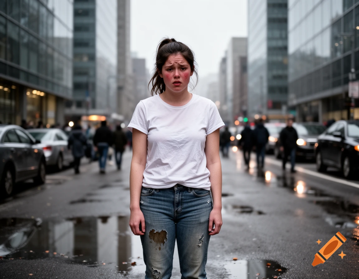 A distressed young woman with red cheeks stands in the middle of a wet city street, wearing a white t-shirt and wet jeans.