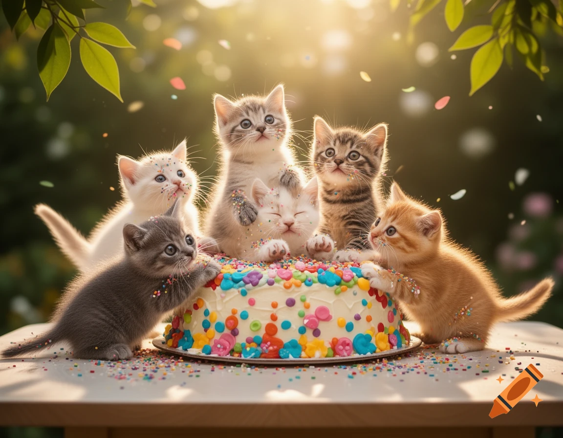 Six adorable kittens covered in colorful sprinkles gather around a frosted cake outdoors, bathed in warm sunlight.