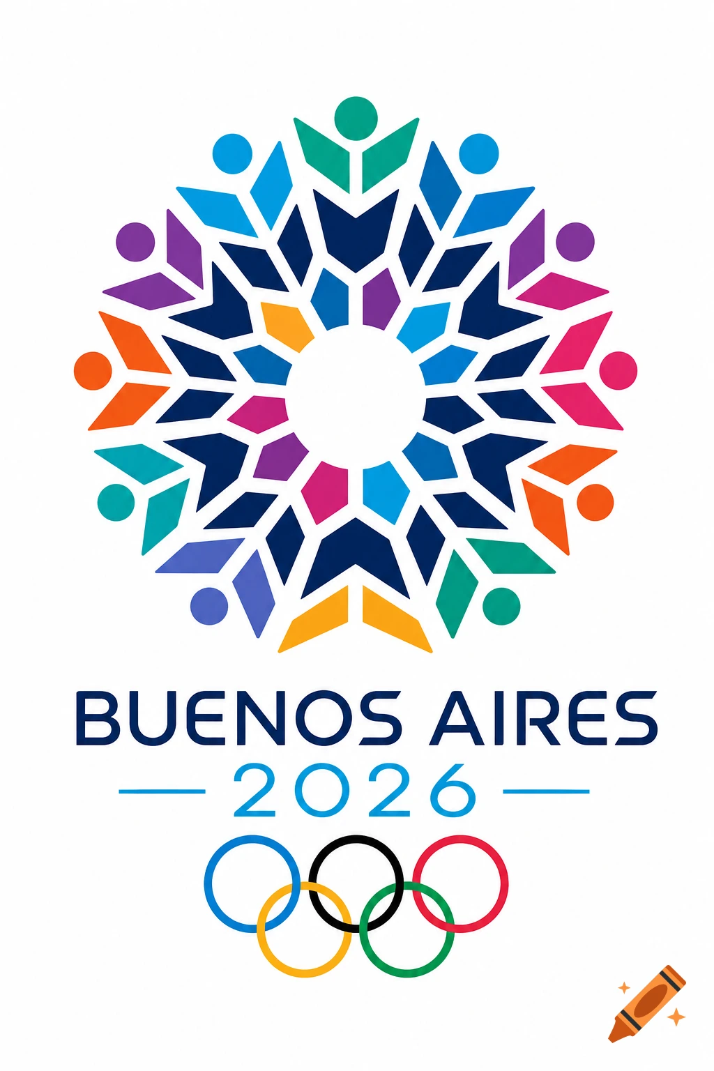 A colorful, abstract emblem with geometric shapes above "BUENOS AIRES 2026" text and the five Olympic rings, all on a white background.