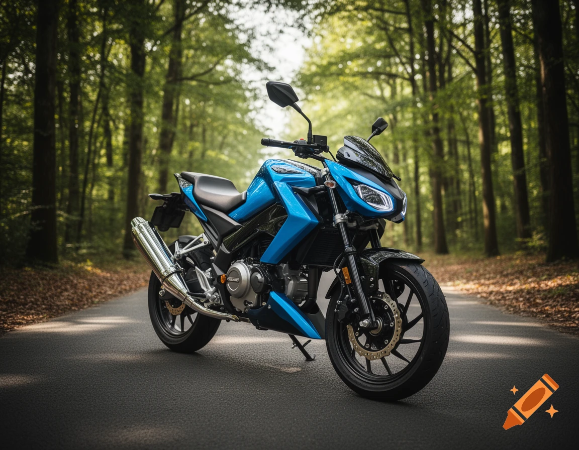 A shiny blue motorcycle parked on an asphalt road amidst a sun-dappled forest.