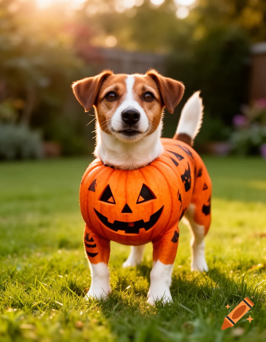 A photorealistic image of a Jack Russell Terrier wearing an orange pumpkin Halloween costume, standing on green grass with warm sunlight.
