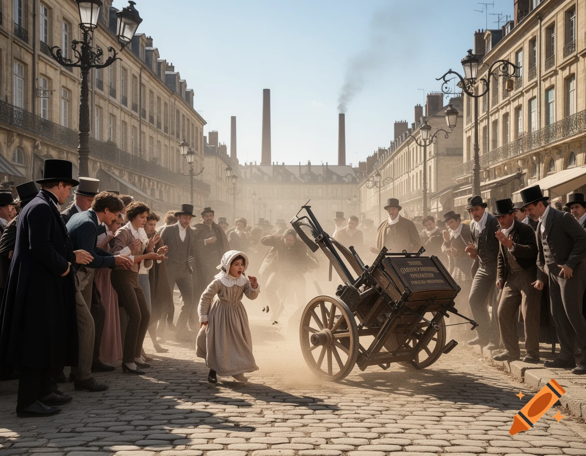 A child runs from a tipping cart in a dusty, crowded 19th-century European street.