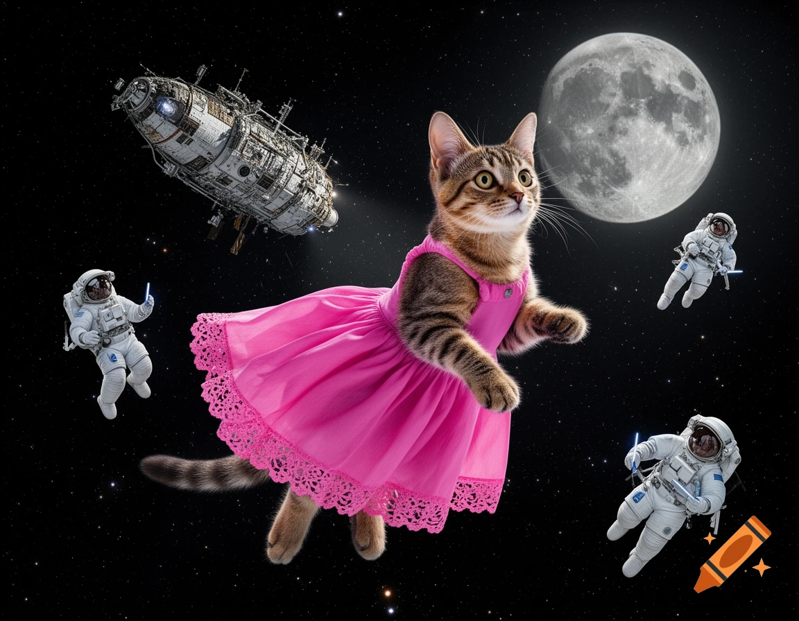 A tabby cat in a pink dress floats in space, surrounded by a spaceship, three astronauts, and the moon.