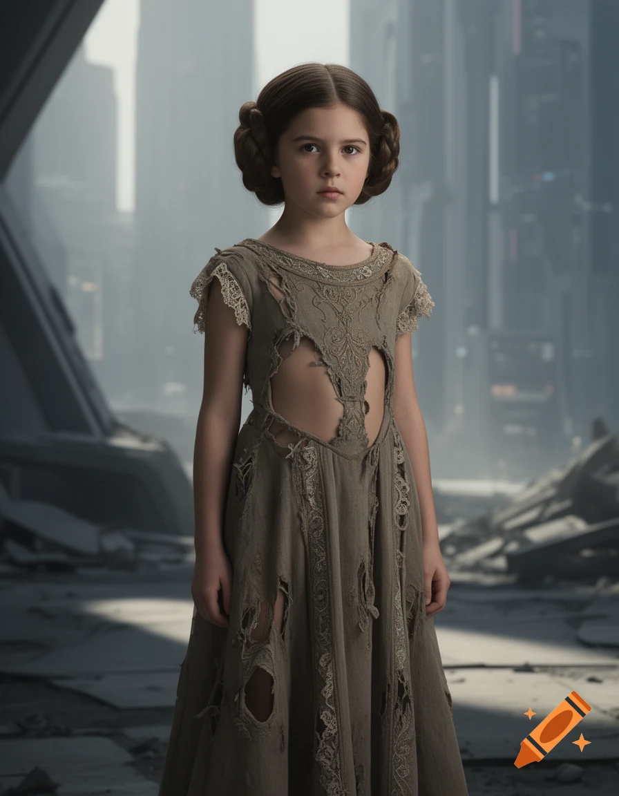 A young girl with Leia Organa's hair buns wears a torn dress, standing in a desolate, ruined city in a photorealistic style.