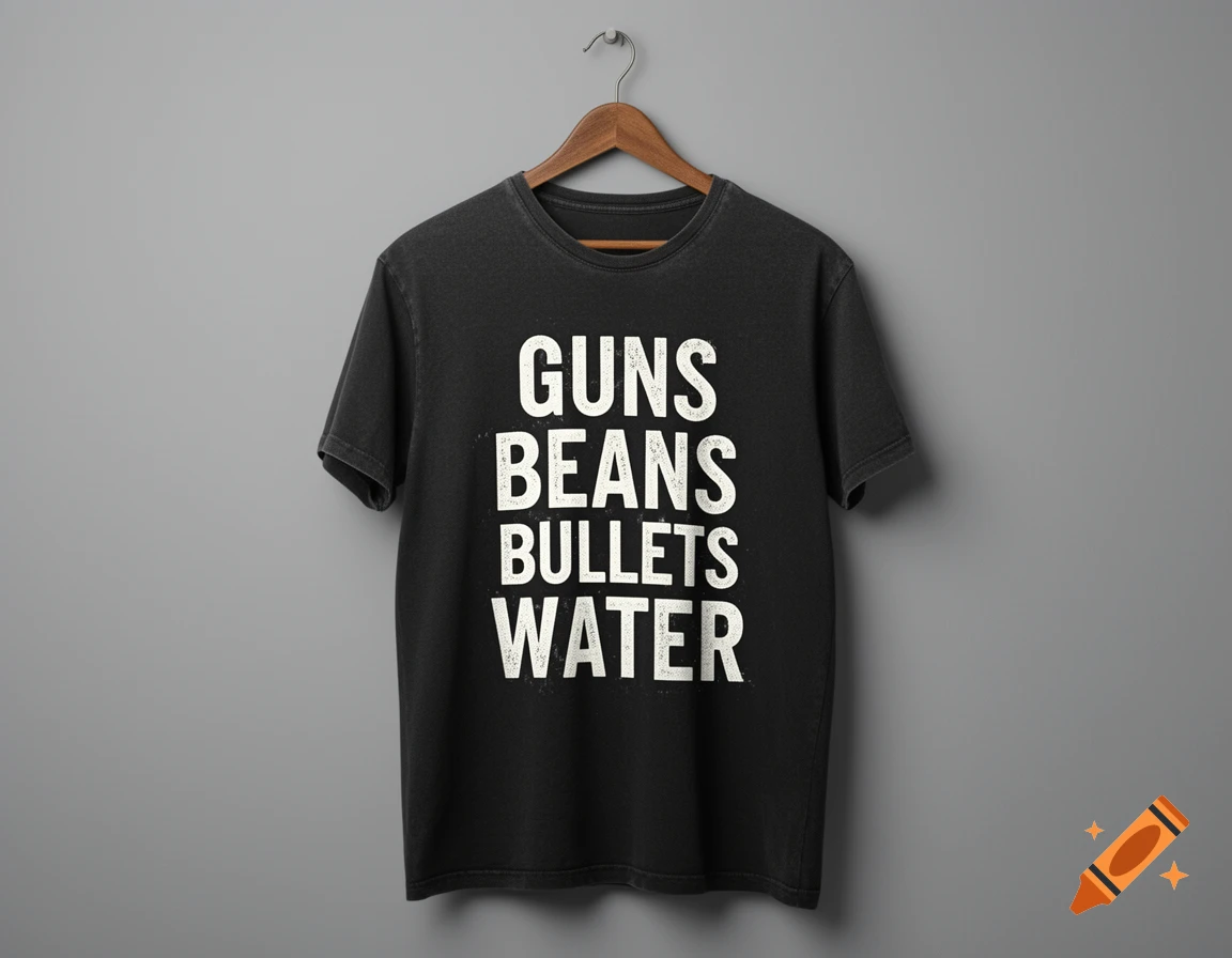A black t-shirt hangs on a wooden hanger against a grey wall, with white text reading 'GUNS BEANS BULLETS WATER' printed on the front.