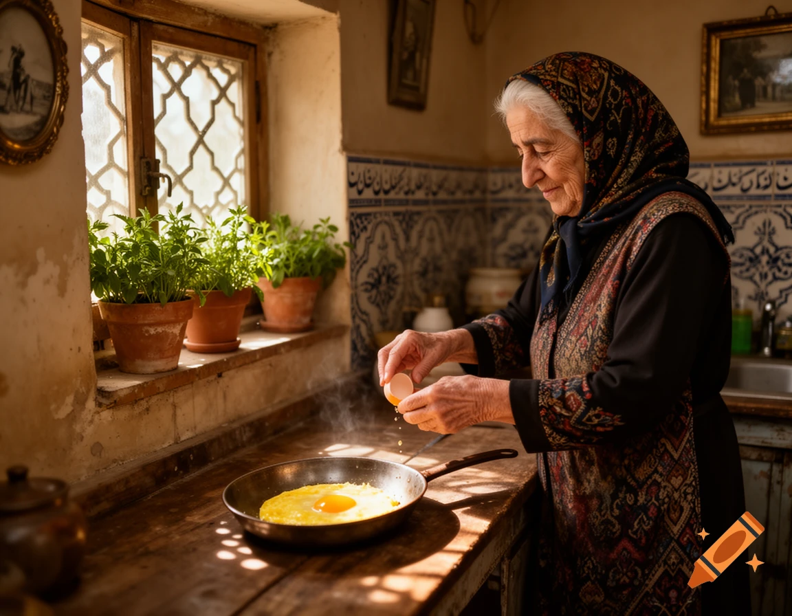 An elderly Iranian woman in a headscarf cracks an egg into a sizzling pan in a rustic kitchen with potted herbs by a window.
