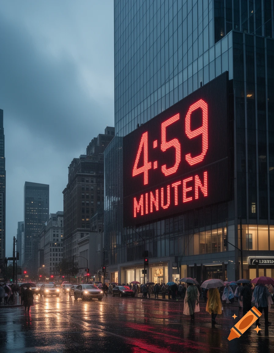 A rainy city street scene at dusk with cars, pedestrians, and a large red digital clock on a building showing '4:59 MINUTEN'.