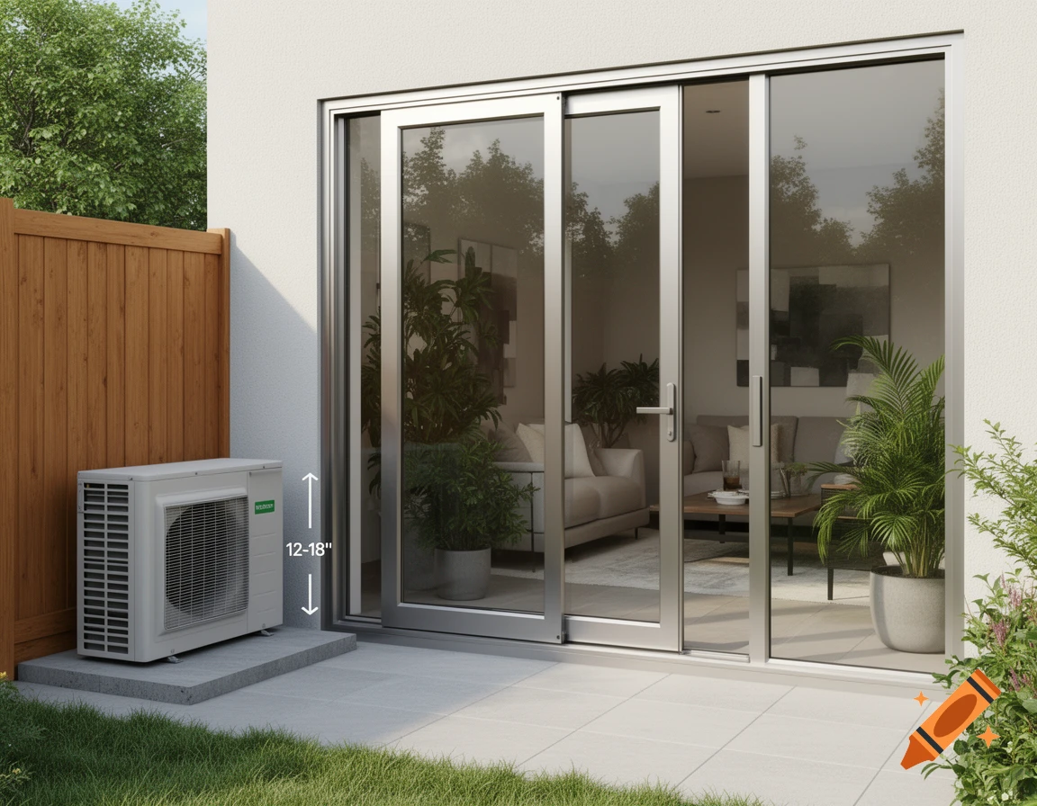 Photorealistic rendering of a modern outdoor patio with an AC unit on a concrete pad next to sliding glass doors, a wooden fence, and greenery.