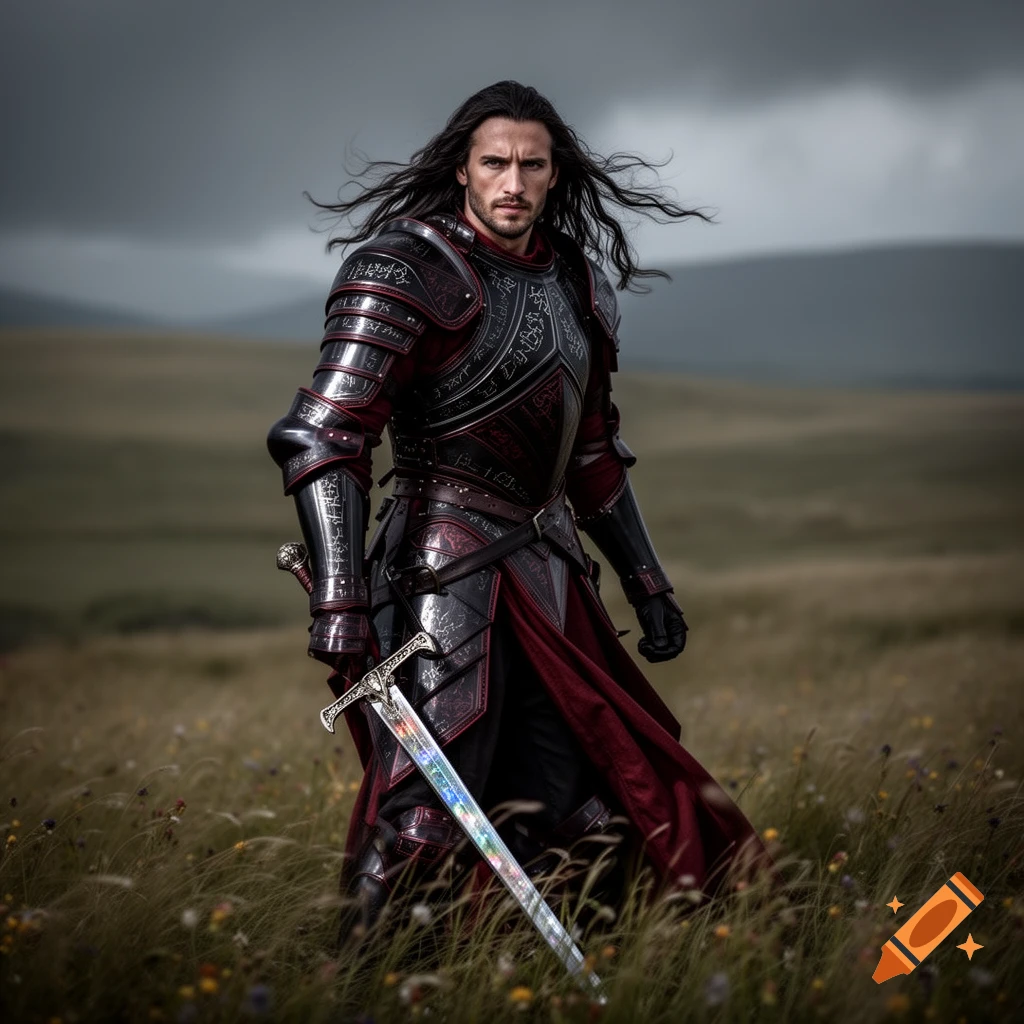 A photorealistic male warrior with long dark hair, wearing intricate red and black armor, stands in a grassy field holding a sword. The sky is cloudy.