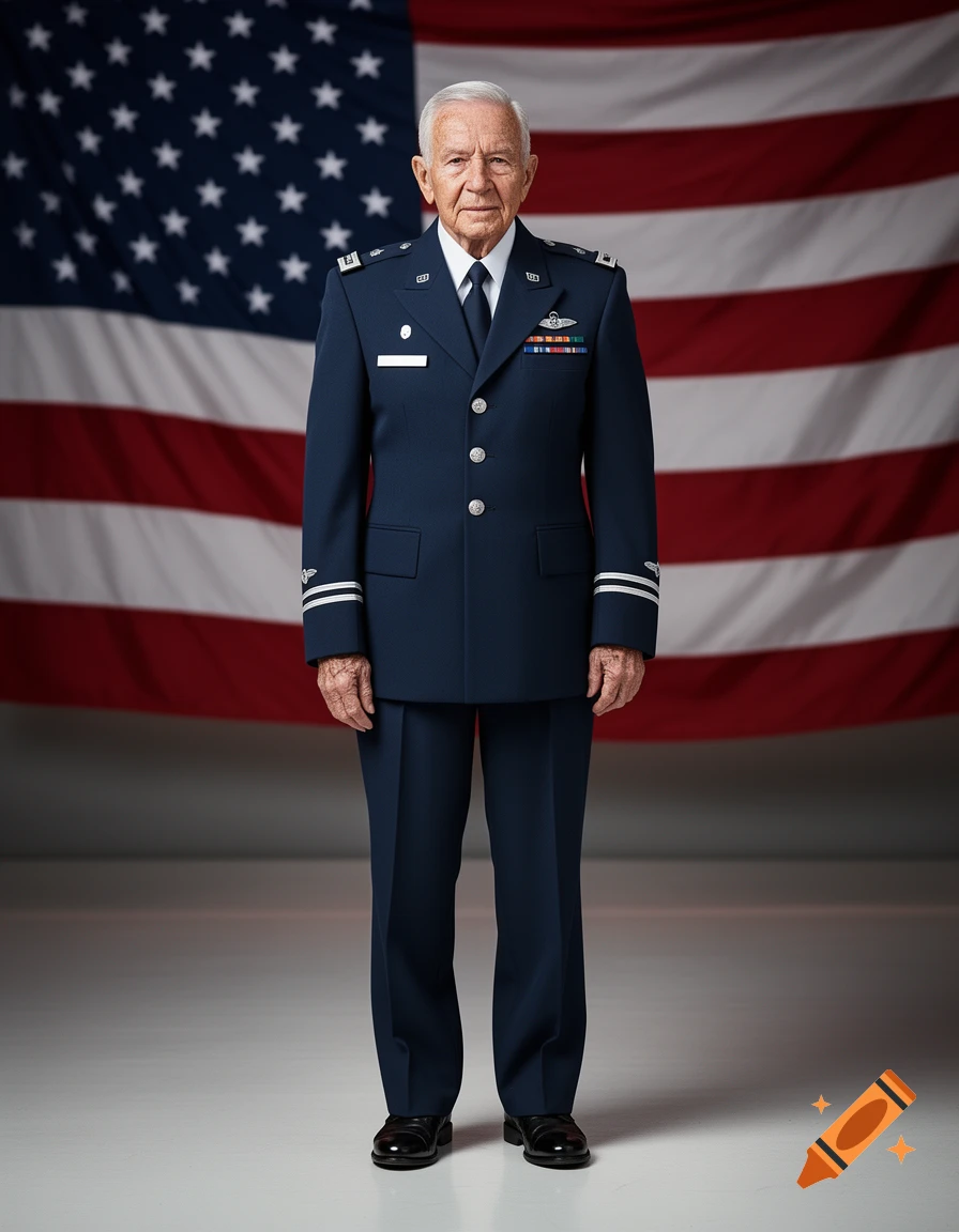 Photorealistic portrait of an elderly man in a US Air Force dress blues uniform, standing in front of an American flag.