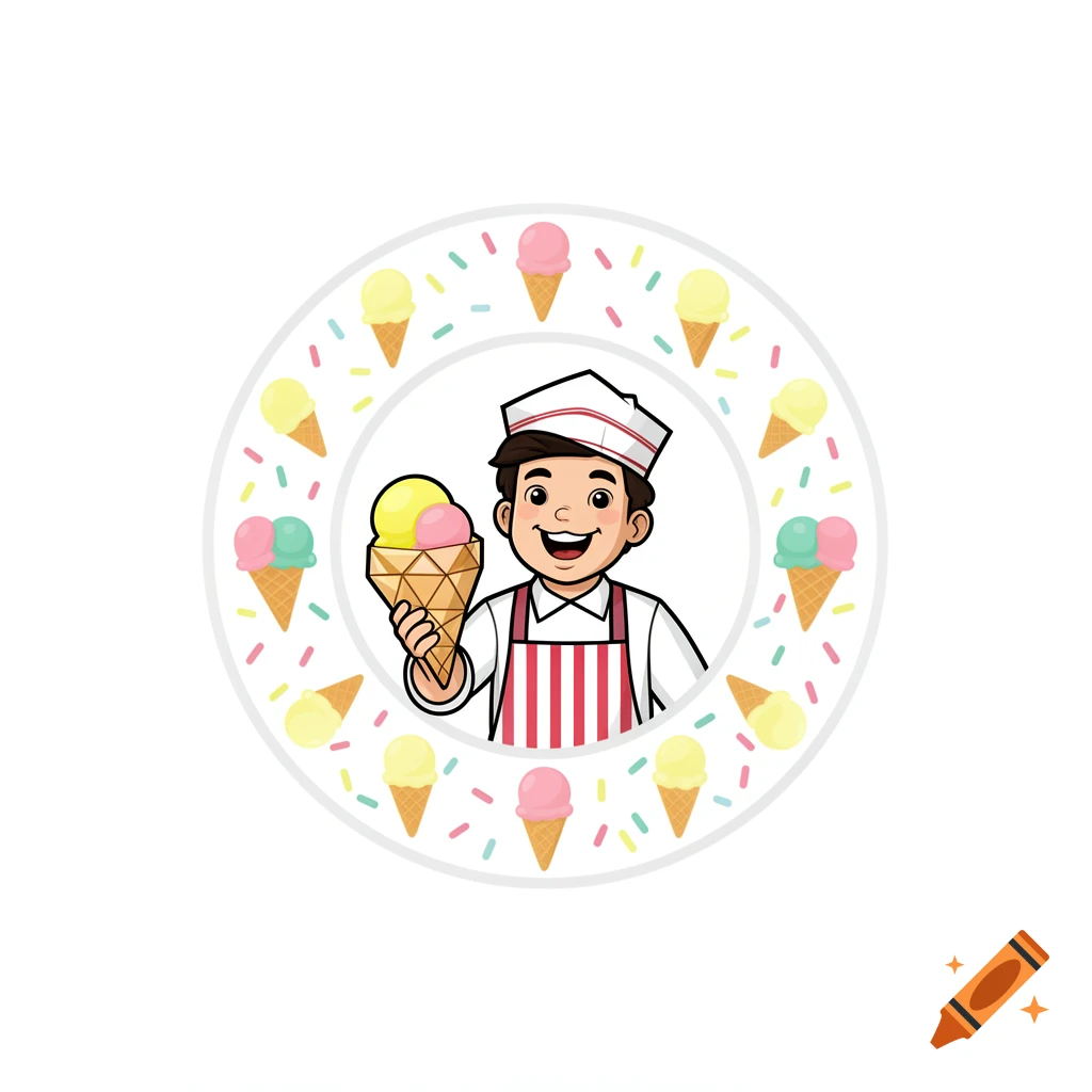 Cartoon illustration of a smiling ice cream vendor holding a cone, surrounded by a circular border of ice cream and sprinkles.