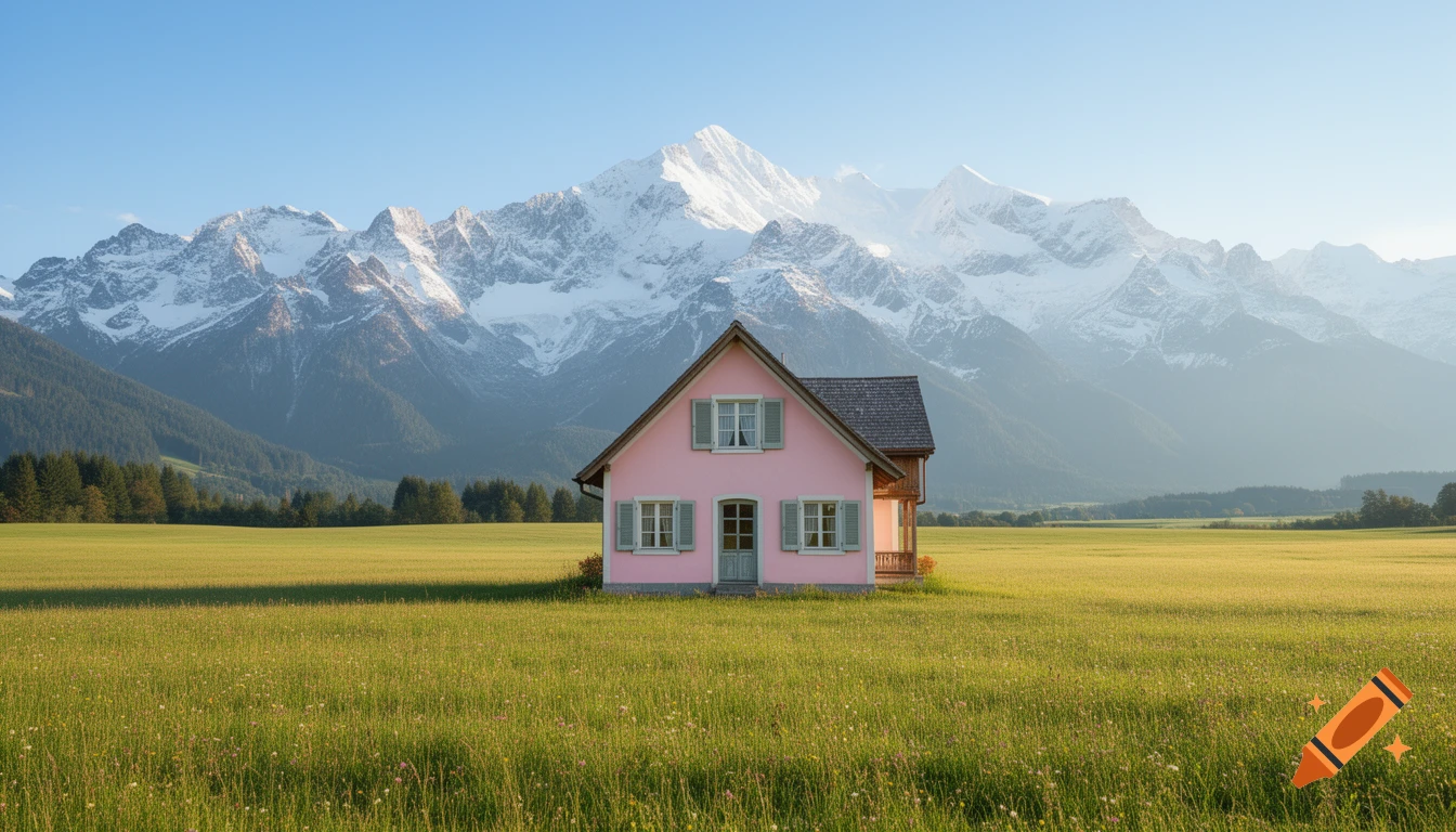 A quaint pink house with green shutters in a vast green field, set against majestic, snow-capped mountains under a clear sky.