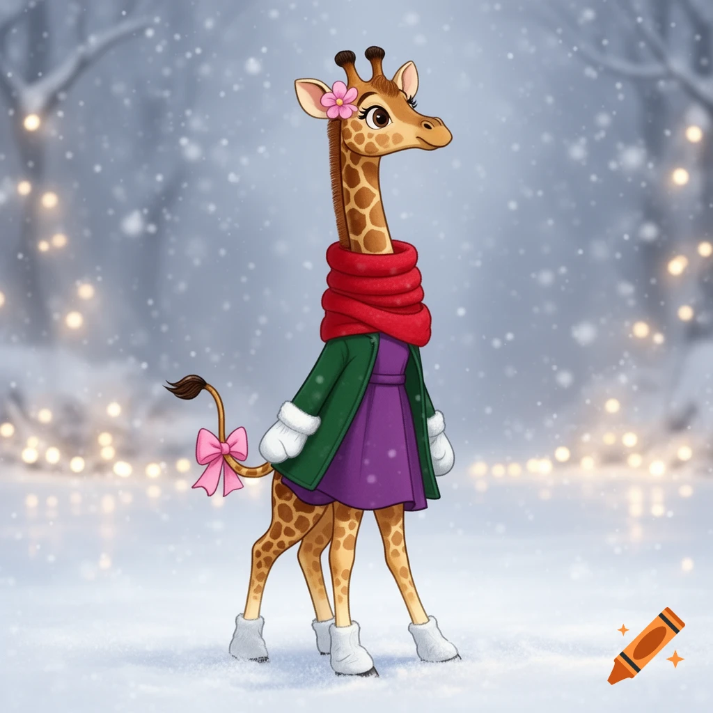 Cartoon female giraffe in a red scarf, green coat, purple dress, white boots, pink flower, and tail bow, standing in snowy woods with blurred lights.