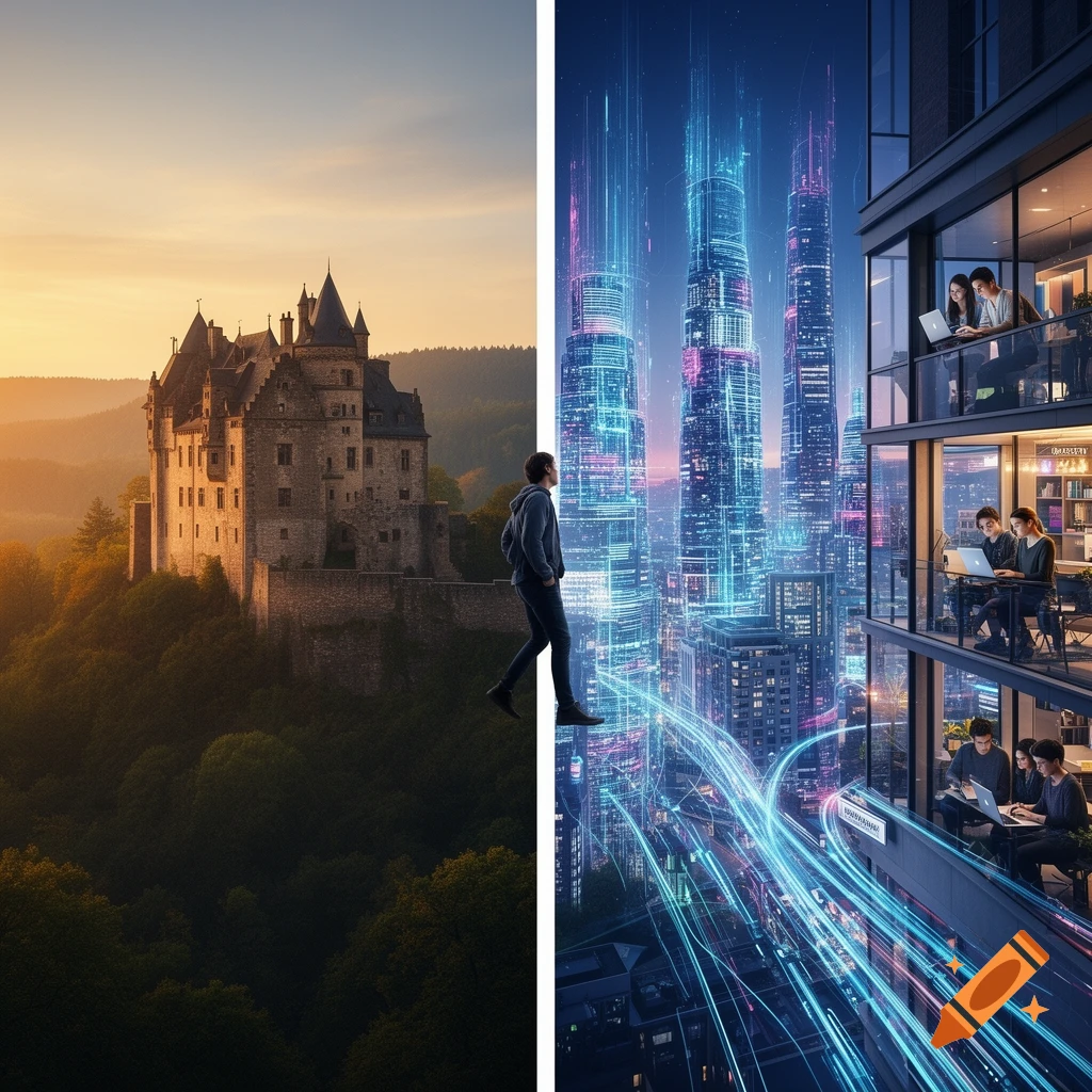 A split image shows a medieval castle at sunset on the left and a futuristic cityscape with glowing skyscrapers on the right, with a person standing on the dividing line, looking at the city.