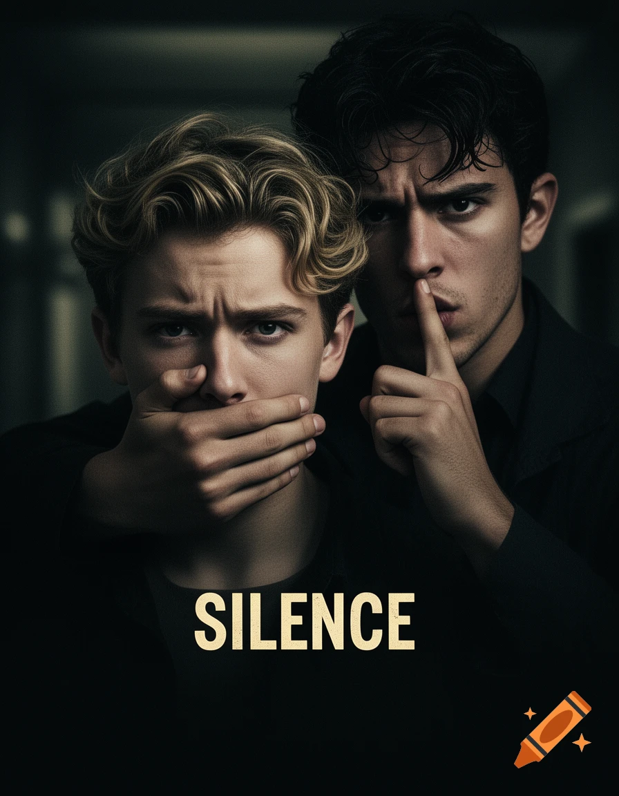 A dark, dramatic movie poster showing a dark-haired man covering a blonde man's mouth while making a "shh" gesture. Text: SILENCE.