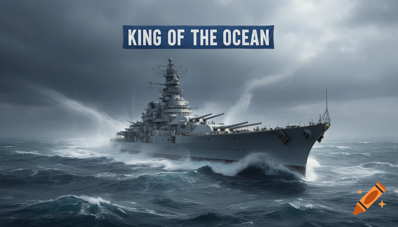 A large battleship sails through a stormy ocean under dark clouds, with a banner reading 'KING OF THE OCEAN'.