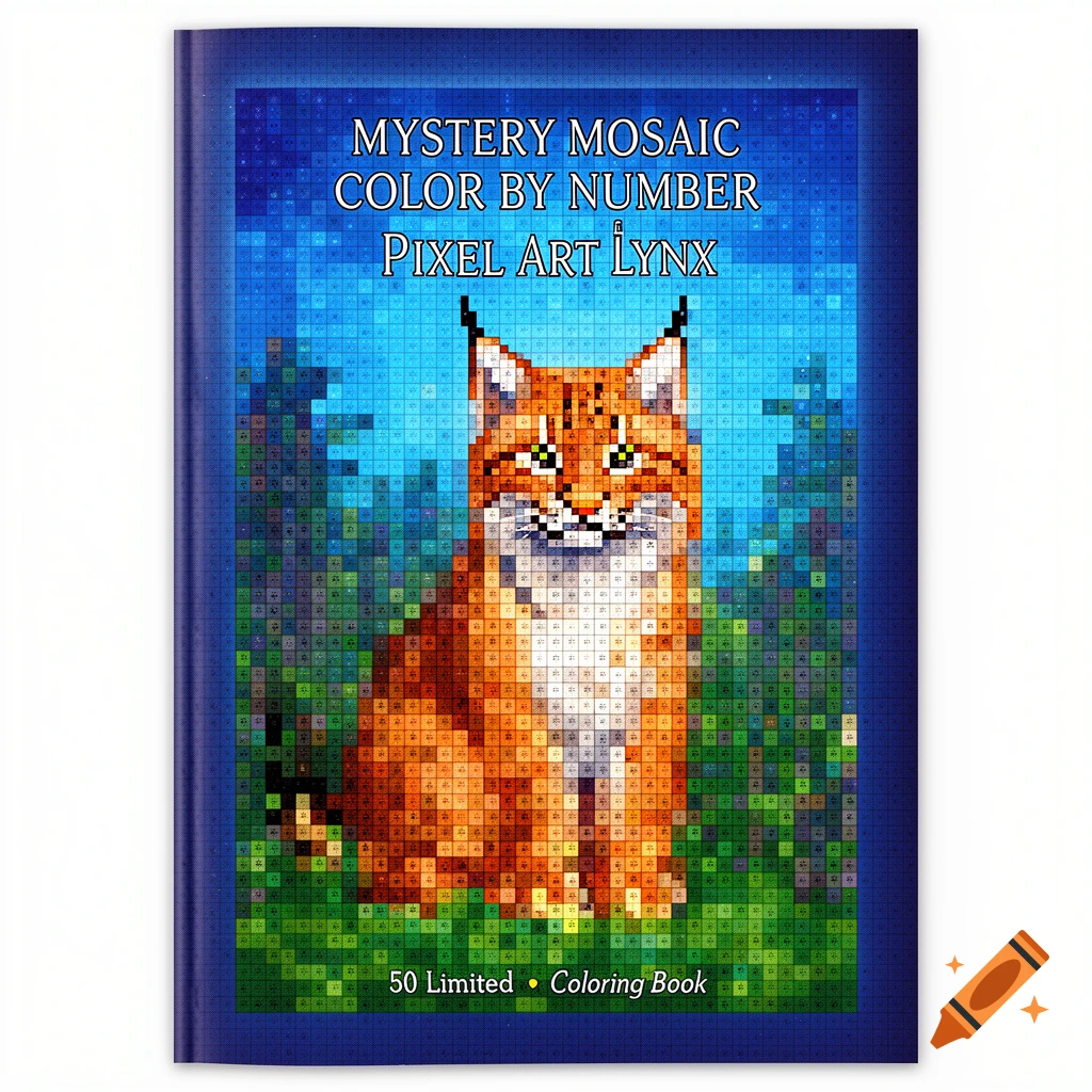 A vibrant pixel art coloring book cover featuring an orange lynx, with the title 'MYSTERY MOSAIC COLOR BY NUMBER PIXEL ART LYNX' and '50 Limited • Coloring Book' text.