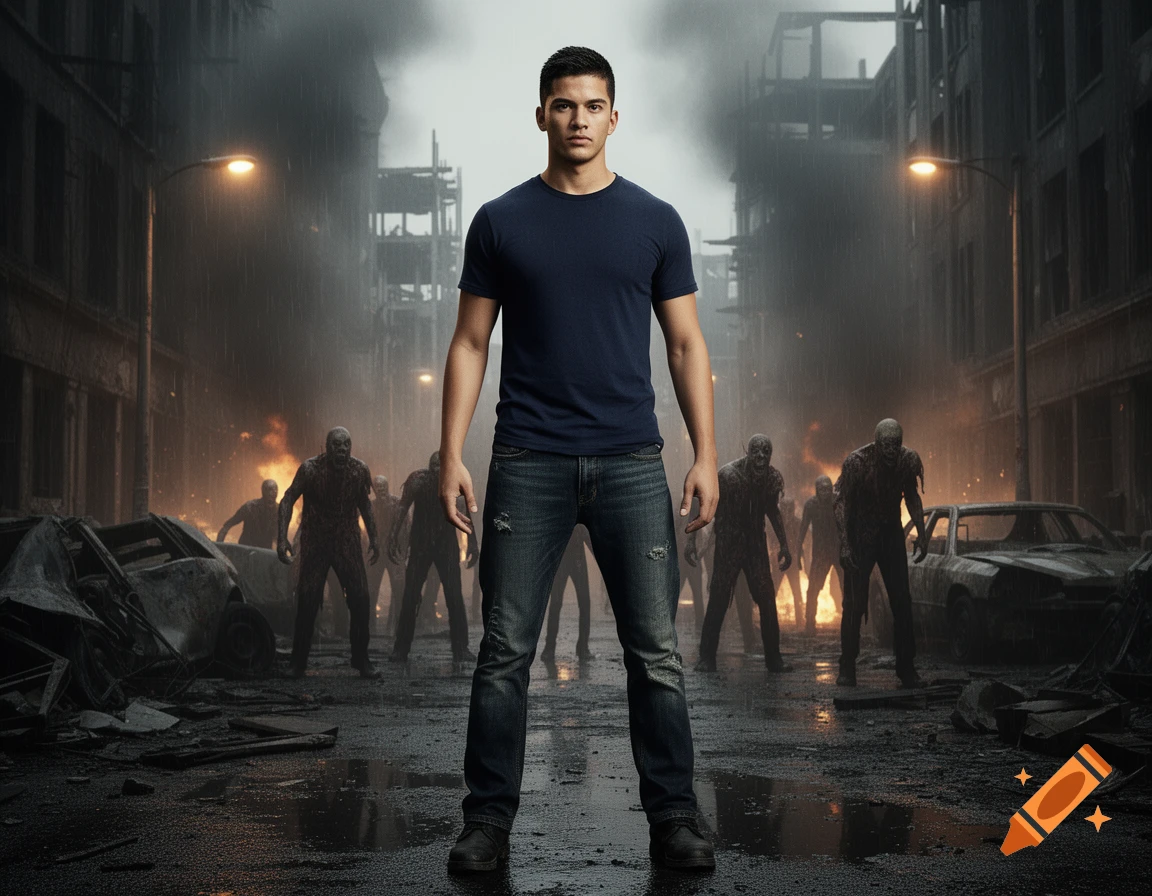 A young man in a dark blue t-shirt and jeans stands confidently in a destroyed, rainy city street amidst burning debris and approaching zombies.