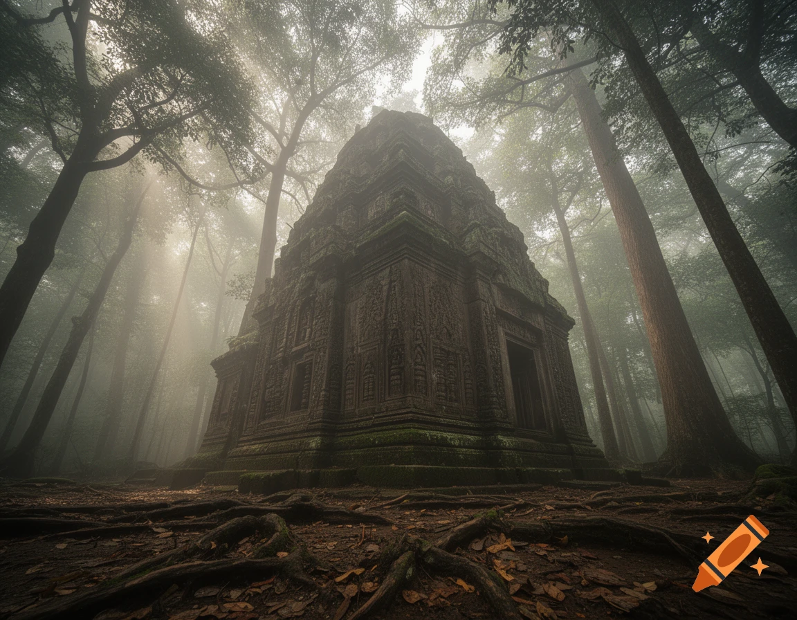 A dark, moss-covered ancient temple stands in a dense, misty forest with tall trees and exposed roots.