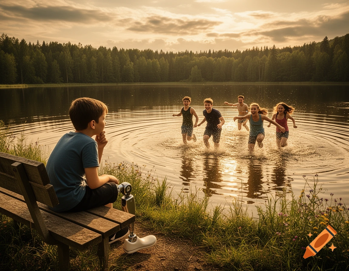 A boy with a prosthetic leg sits on a bench by a lake at sunset, watching teenagers run and splash in the water.