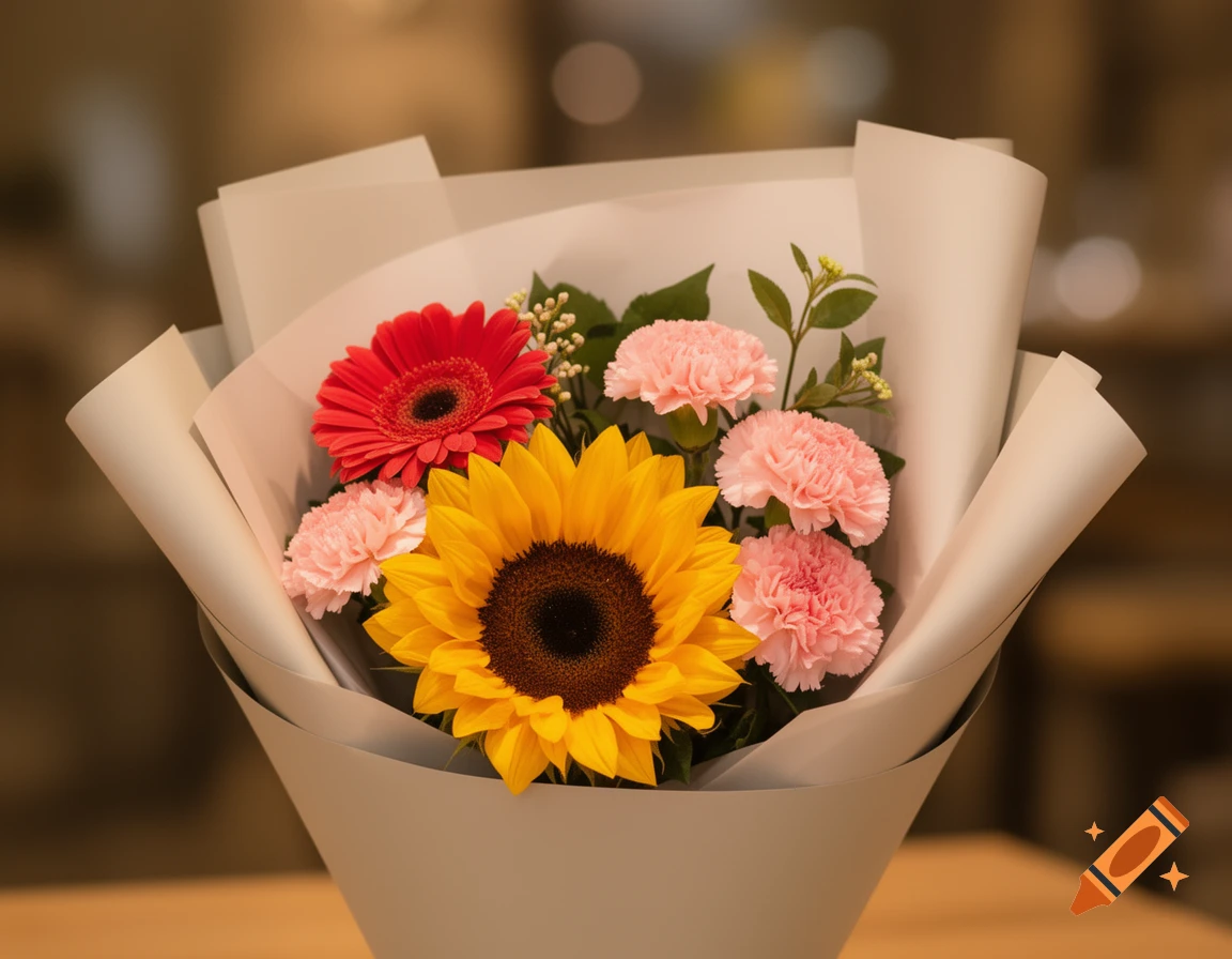 A vibrant bouquet featuring a yellow sunflower, a red gerbera, and three pink carnations, wrapped in light gray paper with a warm, blurred background.